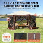 VEVOR Pop Up Gazebo Screen Tent 6 Sided Canopy Sun Shelter with 6 Removable Privacy Wind Cloths & Mesh Windows, 11.5x11.5FT Quick Set Screen Tent with Mosquito Netting, Brown