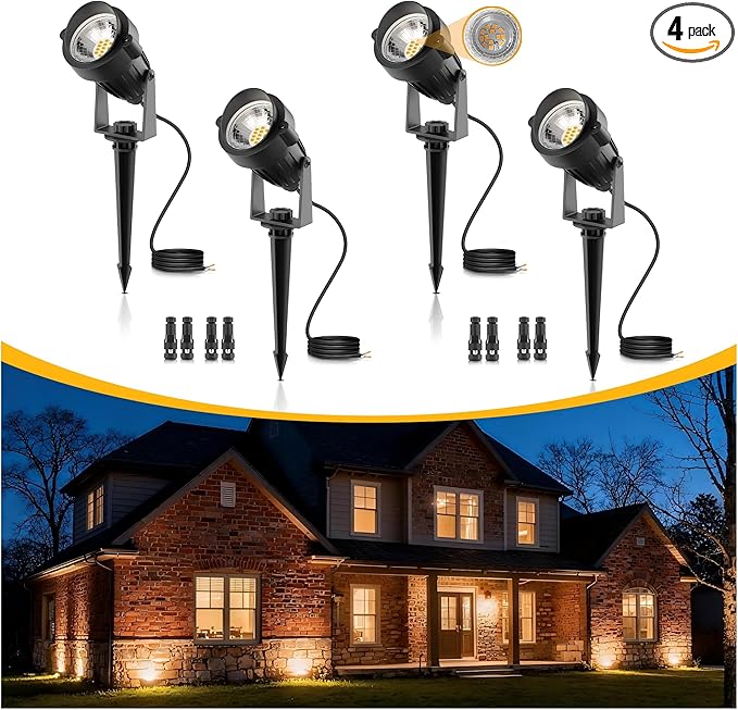 L LOHAS LED 5W Low Voltage Landscape Lighting, 12V 24V Outdoor Spot Lights with Connectors, IP66 Waterproof 3000K Warm White Plug in Spotlights for Yard, Garden, Pathway, House (4 Pack)