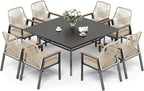 9 Pieces Patio Dining Set, 8 x Woven Rattan Chairs with Waterproof Cushion, 60" Square Metal Dining Table with Umbrella Hole, Outdoor Table and Chairs Set for Backyard Lawn and Deck, Beige