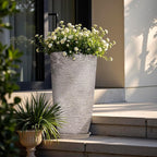 QCQHDU Set of 2 Oversized 9 Gallon Round Planters for Front Door & Patio - 12x21 Inch Tall Outdoor/Indoor Plant Pots with Drainage Tray, Gray Faux Stone Textured Tree Planters for Porch Decor