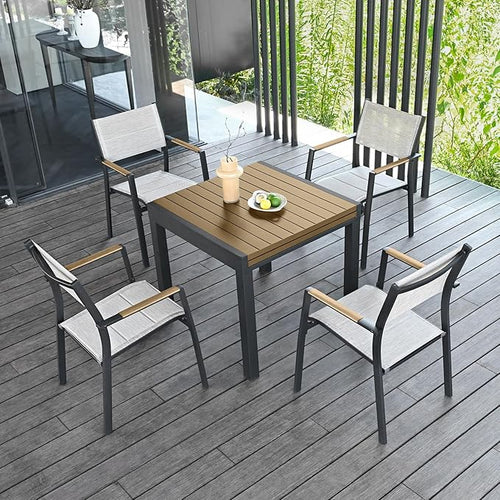 5 Pieces Expandable Patio Dining Set, Never-Rust Aluminum Outdoor Dining Table Set, 32"-65" Extendable Dining Table and Stackable Textilene Dining Chairs for Garden, Deck, Indoor, Teak