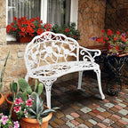 VINGLI 38.5" Patio Park Garden Outdoor Metal Rose Bench, 2-Person Cast Iron Cast Aluminium Frame Antique Finish Chair,Accented Lawn Front Porch Path Yard Decor Deck Furniture (White, Rose)