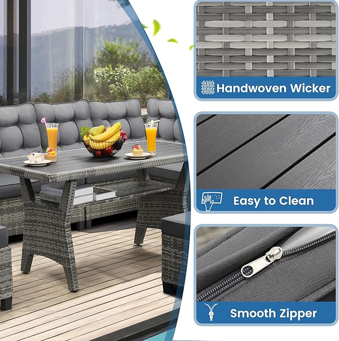 6-Piece Patio Furniture Set, Outdoor Sectional Sofa with Dining Table & Chairs, All-Weather Dining Set with Removable Cushion Covers, Ideal for Garden, Porch, Backyard, Grey
