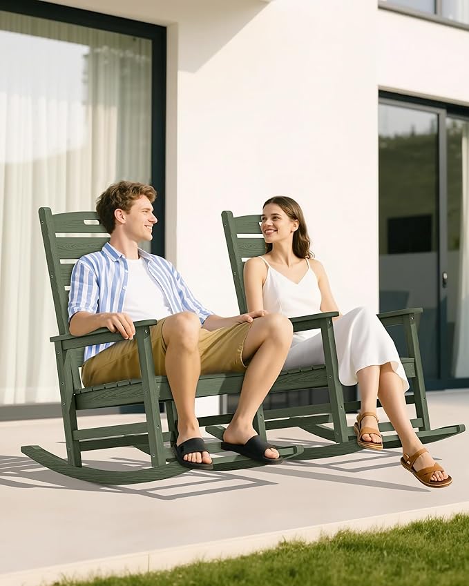 SERWALL Outdoor Rocking Chair, Oversized Rocking Chair with Footrest for Adults, HDPE All Weather Resistant Rocking Chairs for Patio, 350lbs Weight Capacity, Avocado Green
