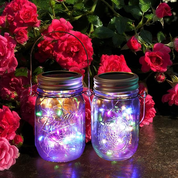 String Lights, Solar Mason Jar Hanging Lights, 12 Pack, Multicolor