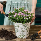 Ceramic Planter Without Drainage Hole, 6.7 Inch - Indoor/Outdoor Flower Pot for Orchids, Succulents, Green Floral Modern Farmhouse Design Plant Pot for Home,Office & Garden Décor, Ideal Gift