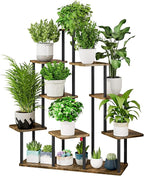 AZERPIAN Plant Stand 9 Tier Indoor Metal Flower Shelf for Multiple Plants Corner Tall Flower Holders for Patio Garden Living Room Balcony Bedroom, Black+Rustic Brown