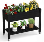Raised Garden Bed with Legs, 33.66" Tall Self-Watering Resin Planter Box with Lockable Wheels Drainage Plug and Gauge for Vegetables, Flowers, Storage Shelf for Tools and Accessories (Black)