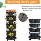 VECELO 7 Tier Vertical Garden Planter, Self Watering Stackable Planters with Wheels for Strawberries, Herbs, Flowers, Vegetables, Black