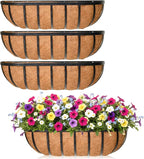 24'' Window Box Railing Planter with Coco Liner,4 Pack Horse Trough Planters Black Metal Hanging Flower Planters Basket for Porch Fence Patio Indoor Outdoor Lawn