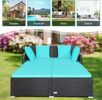 RELAX4LIFE Rattan Patio Outdoor Daybed, Wicker 2-Person Sunbed Loveseat with Soft Cushions, 4 Pillows, Curved Backrest & Armrest, Double Bed Lounger Sofa Set for Balcony Porch, Patio Bed (Turquoise)