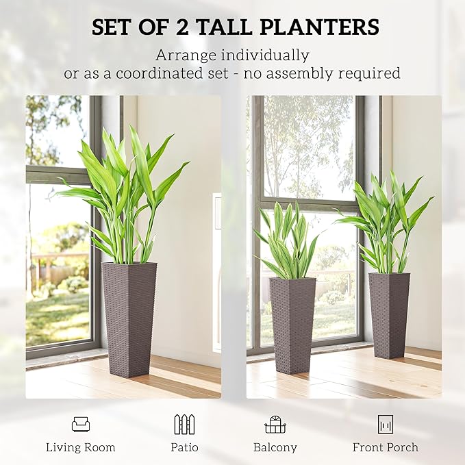Outsunny 23.6 Inch Tall Planters for Outdoor Plants, Set of 2 Plastic Rattan-Like Flower Pots with Drainage Holes, Stackable Tapered Planters for Indoor Plants, Front Porch, Brown