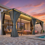 AECOJOY 20' x 8' Outdoor Gazebo Pergola with Curtains and Netting, 8'x20' Large Wall-Mounted Hardtop Lean to Gazebo Shelter Pergolas and Gazebos Clearance with Patio Roof, Heavy Duty Metal Awnings
