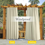 NICETOWN 2 Panels Waterproof Outdoor Curtains Fixed Grommet & Back Tab on Top & Bottom, Thermal Insulated Keep Rain & Sun Out Blackout Windpoorf Outdoor Draperies with Rope, W52 by L108, Light Beige