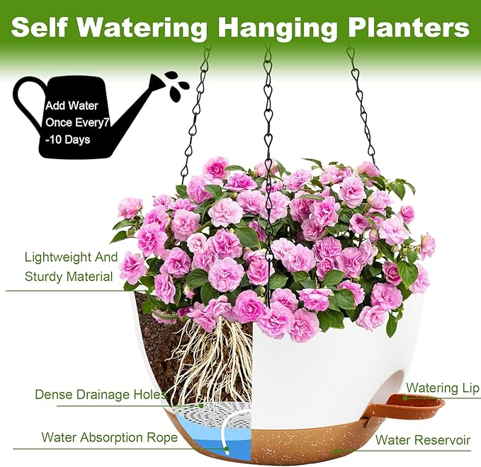 10 inch Hanging Planters for Indoor Plants, 3 Pack Self-Watering Hanging Planter Pots with Chain and Drainage Holes, Outdoor Hanging Baskets for Garden Home Decor (White With Brown, 3pcs/10inch)