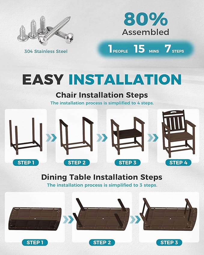 Ciokea HDPE Outdoor Dining Set, 7-Piece Patio Table and Chairs Set with Umbrella Hole, All-Weather Patio Dining Sets for 6, Durable Patio Furniture for Backyard, Garden, Lawn & Poolside, Brown