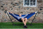 Vivere Double Polyester Hammock with Space Saving Steel Stand and Premium Carry Bag - 450 lb Capacity (Royal Blue)