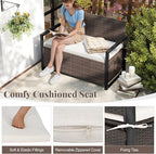RELAX4LIFE Wicker Outdoor Bench with Storage - Rattan Deck Box w/Protective Liner for Pillows, Pool Supplies, Garden Tools, Patio Loveseat with Seat Cushion & Metal Armrests for Backyard Porch Balcony