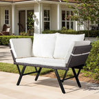 VINGLI Outdoor Loveseat, Woven Rattan Outdoor Sofa with Adjustable Armrests, Patio Loveseat with Removable Cushions and Pillows, Convertible Patio Couch for Yard Pool Balcony