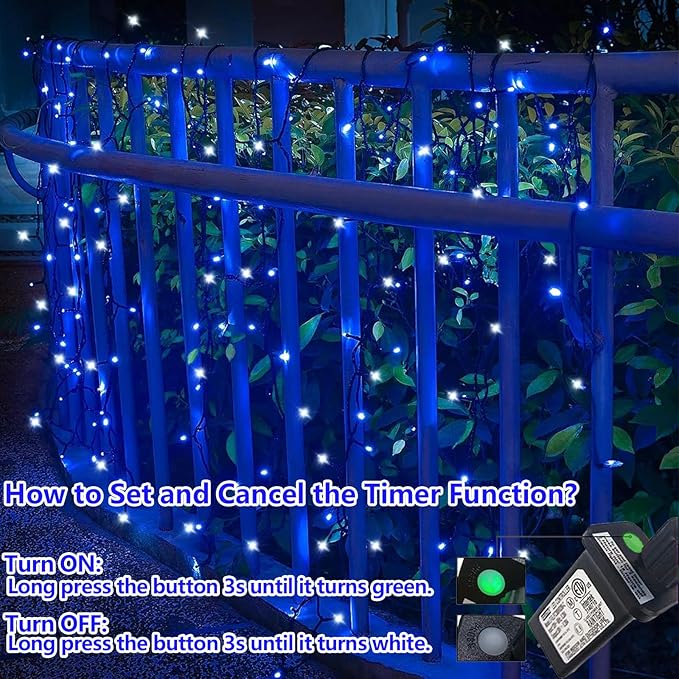 String Lights 200 LED 66 ft Outdoor Waterproof, Blue and White