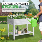 Raised Garden Bed with Legs, 33.66" Tall Self-Watering Resin Planter Box with Lockable Wheels Drainage Plug and Gauge for Vegetables, Flowers, Storage Shelf for Tools and Accessories (Ashen)