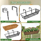 SPECILITE 24" Window Boxes Planters, Heavy Duty Metal Railing Planter Boxes, Adjustable Balcony Planters for Railing Hanging, with Coco Liner & Tool Set for Deck, Porch, and Patio Gardening (2 Pack)