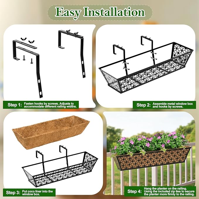SPECILITE 24" Window Boxes Planters, Heavy Duty Metal Railing Planter Boxes, Adjustable Balcony Planters for Railing Hanging, with Coco Liner & Tool Set for Deck, Porch, and Patio Gardening (2 Pack)
