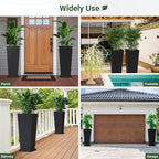 Tall Planters 30" H - 2 Pack, Tapered Pots with Drainage Insert Shelve & Trays, Metal Outdoor Planter Box for Porch, Garden, Patio, Yard (Black)