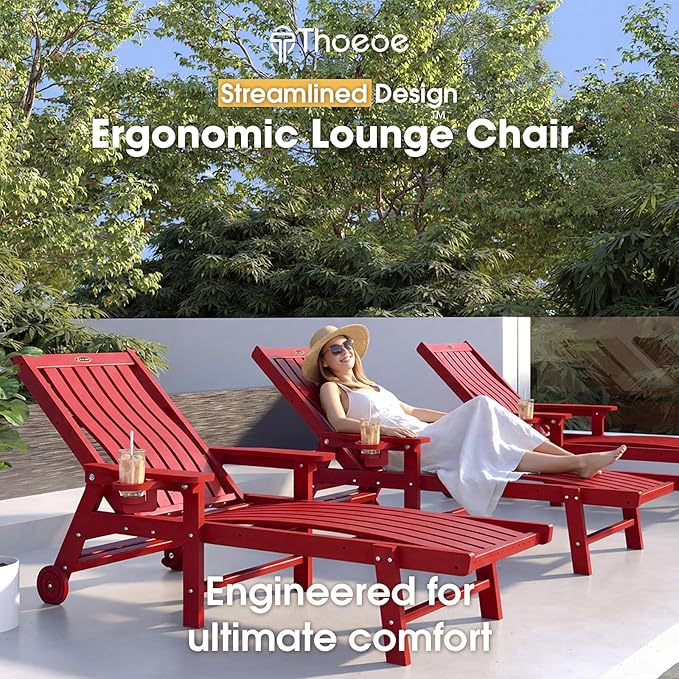 Patio Chaise Lounge Chair Set of 2, Oversized Lounge Chair Outdoor with 5 Positions, HDPE, Patio Lounge Chair with Wheels & Cup Holder for Pool, Deck, Poolside,Red