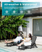 Outdoor Lounge Chair Set of 4, All Weather Patio Chaise Lounge Chair for Outside, HDPE Chair with Rolling Wheels & Cup Holder, 5 Position, Deck, Pool, Black