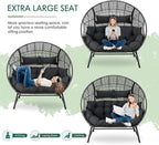 NICESOUL® Double Egg Chair Indoor Outdoor Stationary Oversized 6.5" Thick Padded Cushions,2 Person Wicker Egg Loveseat Chair,680 lbs Extra Wide Lounge Chair for Patio Balcony Porch Gray with Cover