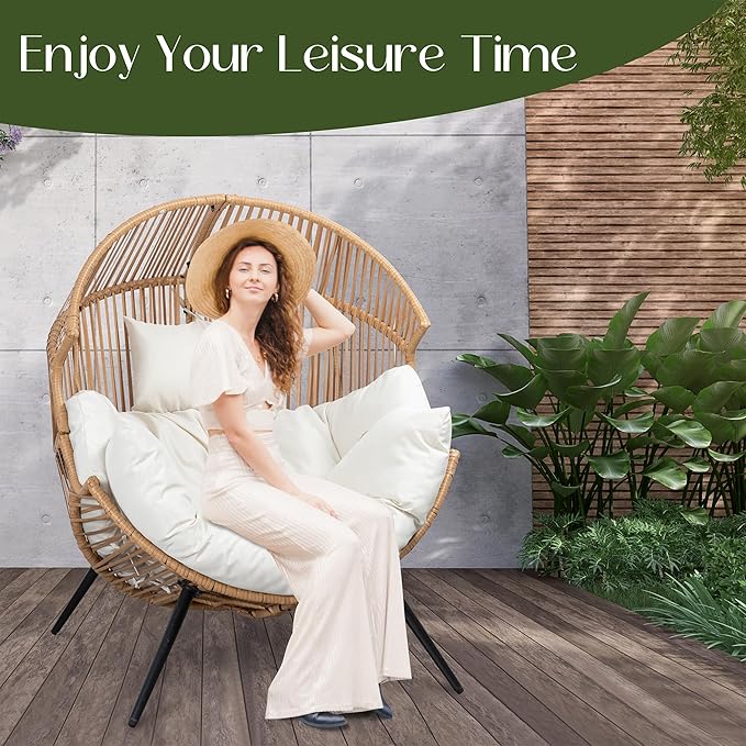 JAMFLY Egg Chair Wicker Outdoor Chairs, Oversized Patio Chair Oversized Lounger Chair with Cushion for Indoor Living Room, Bedroom, Outside Patio Backyard Balcony, Beige