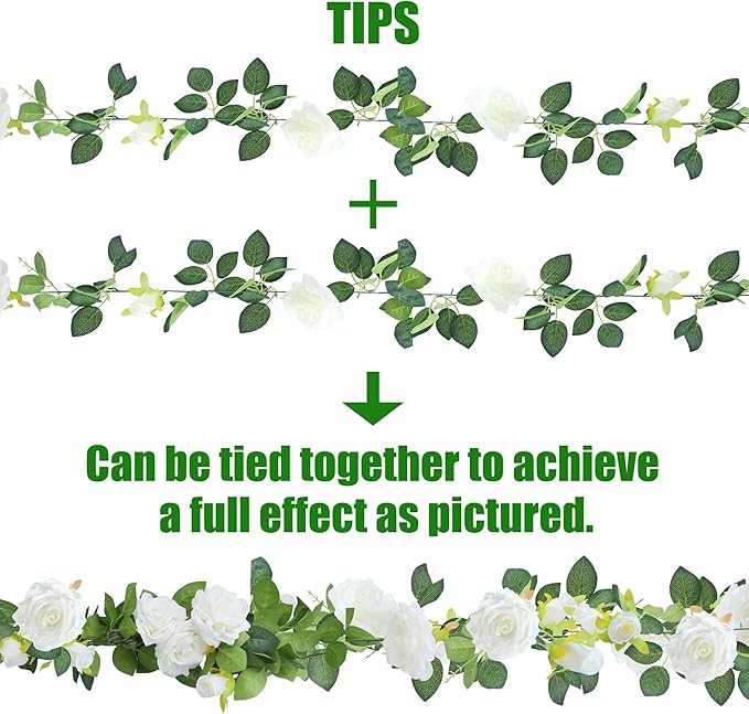 Artificial Rose Vine Garland, 4 Pack, White Silk, 7.75 Ft Each