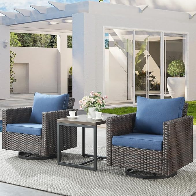 Belord Outdoor Bistro Set 3 Piece Wicker Swivel Rocker Patio Chairs, Oversize Outdoor Rattan Seating Set, Patio Swivel Glider Chairs Wicker Furniture with Metal Side Table for Porch Backyard, Brown