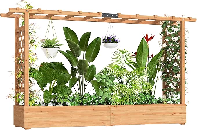 Outsunny Raised Garden Bed with Trellis, Wooden Planter Box with Hanging Roof and Drainage Holes, Outdoor Trellis Planter for Climbing Plants, Vegetables, Herbs and Flowers, 78.7" x 17.3" x 44.7"
