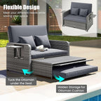 Tangkula Patio Rattan Daybed with 4-Level Adjustable Backrest, Outdoor PE Wicker Loveseat with Storage Ottoman & Folding Side Table, Double Sunbed for Balcony, Backyard & Poolside, Grey