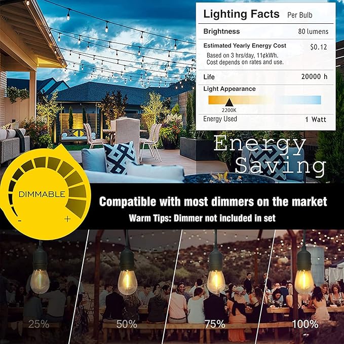 String Lights 2200K Warm Yellow LED, IP65 Waterproof, Linkable