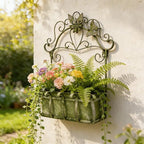 Rustic Metal Wall Planter Vintage Wall Mounted Flower Pot Farmhouse Distressed Wall Hanging Plant Basket with Floral & Butterfly Decor for Indoor Outdoor Garden Home Yard (Green#2)