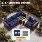 NICESOUL 7 Pcs Patio Conversation Set with Fire Table Natural Gas & Propane, 29.3'' High Backres Outdoor Sectional Sofa Sets, Large Deep Sitting Furniture for Exteriors, Brown Rattan and Blue Cushion