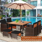 Tangkula 9 Pieces Acacia Wood Patio Dining Set, Space Saving Wicker Chairs and Wood Table with Umbrella Hole Outdoor Furniture Set, Suitable for Garden, Yard, Poolside, Outdoor Seating Set (Black)