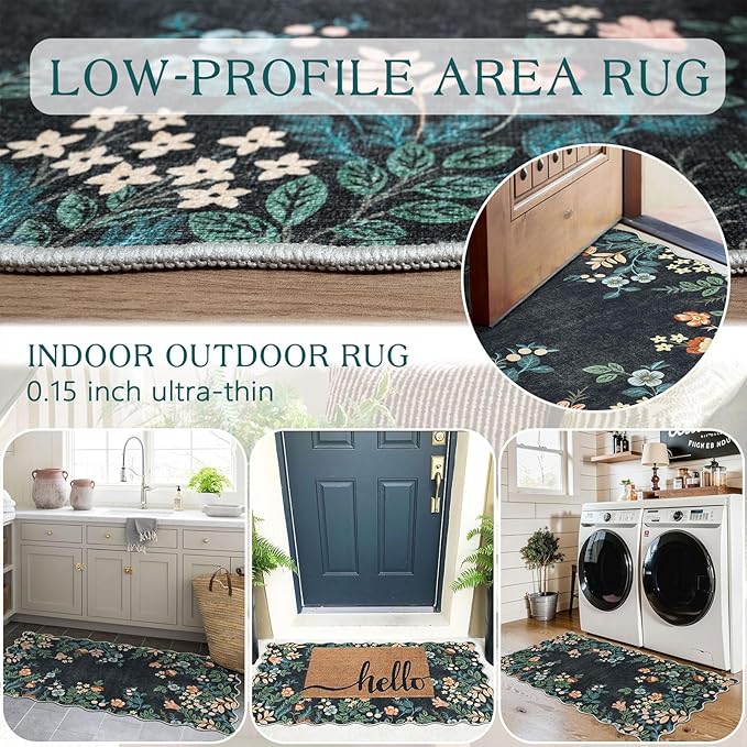 Outdoor Rug Boho Floral Mat, Black Polyester, 2 x 4.3 ft