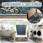 Outdoor Rug Boho Floral Mat, Black Polyester, 2 x 4.3 ft