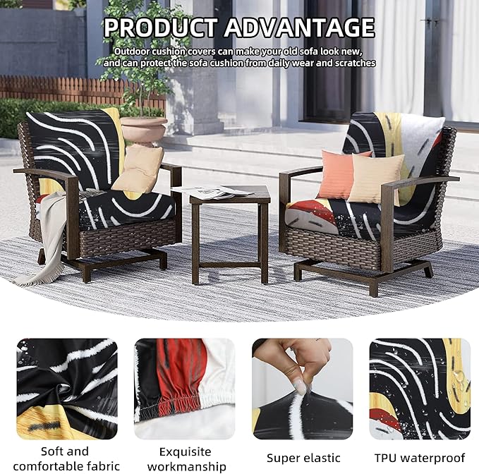 Cushion Covers, 8 Pack, Stretch Fit, Black River Pattern for Patio Seating