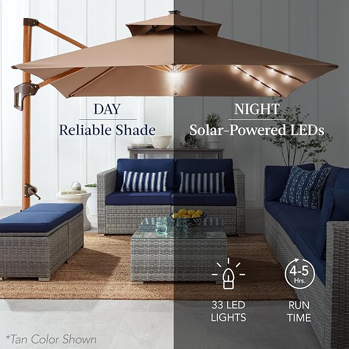 Best Choice Products 10ft Square Cantilever Patio Umbrella w/Base Included, Woodgrain Pattern Pole & Solar LED Lights, 360-Rotation, Offset Hanging Outdoor Shade - Yellow