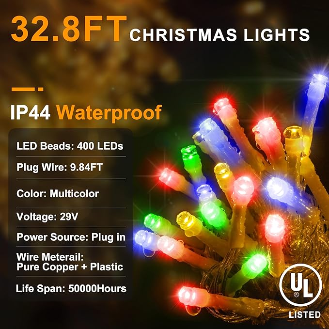 String Lights, 400 LED, 33 ft, Multicolor, 8 Lighting Modes