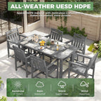 HDPE Outdoor Patio Dining Set with Table & 6 Chairs, All-Weather 7-Piece Outdoor Table and Chairs, 2" Umbrella Hole, Patio Furniture for Garden, Backyard, Deck | Grey