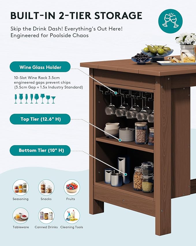 SERWALL 3-Piece Outdoor Counter Height Bar Set, HDPE Patio Bar Table with Wine Rack & Storage Shelf, 2 All-Weather Bar Stools, Patio Bar Dining Furniture Set for 3, Brown