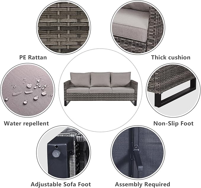 Belord 7 Piece Outdoor Furniture Patio Wicker Sofa Set, Oversize Outdoor Dining Chairs with Rattan Ottomans, Conversation Sets Patio Furniture Come with Removable Washable Cushion Grey