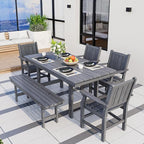 Pamapic 6 PCS Outdoor Dining Set, Spacious HDPE Outdoor Table with 4 Chairs and 1 Bench, Wood Grain Patio Furniture Sets with Elegant Armrest, All-Weather Patio Dining Table with Umbrella Hole, Gray