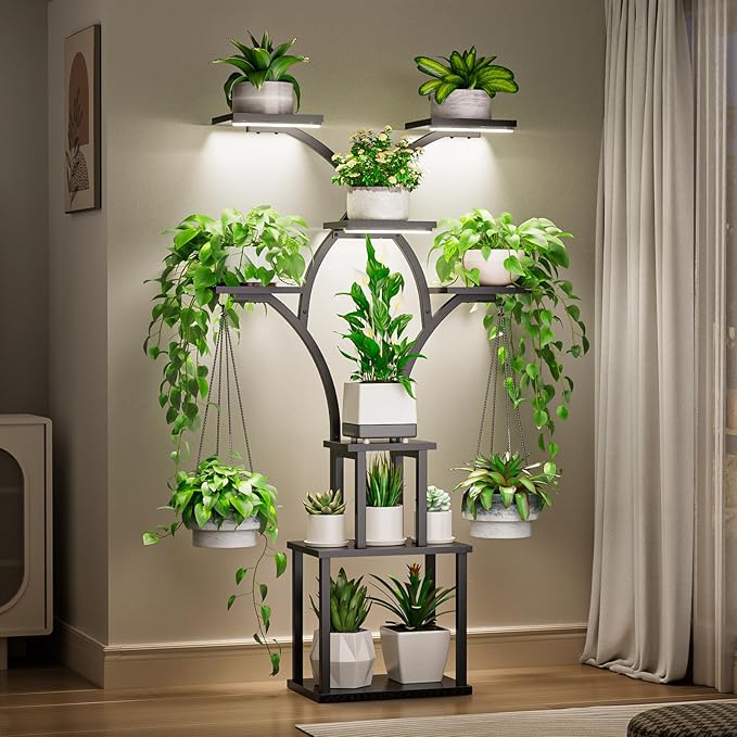 Elbourn Plant Stand Indoor with Grow Lights - 60" Tall Metal Plant Shelf for Multiple Plants, 8 Tiered Corner Plant Stands for Indoor Plants, X - Shaped Decorative Rack for Home, Living Room & Patio Decor (Black)